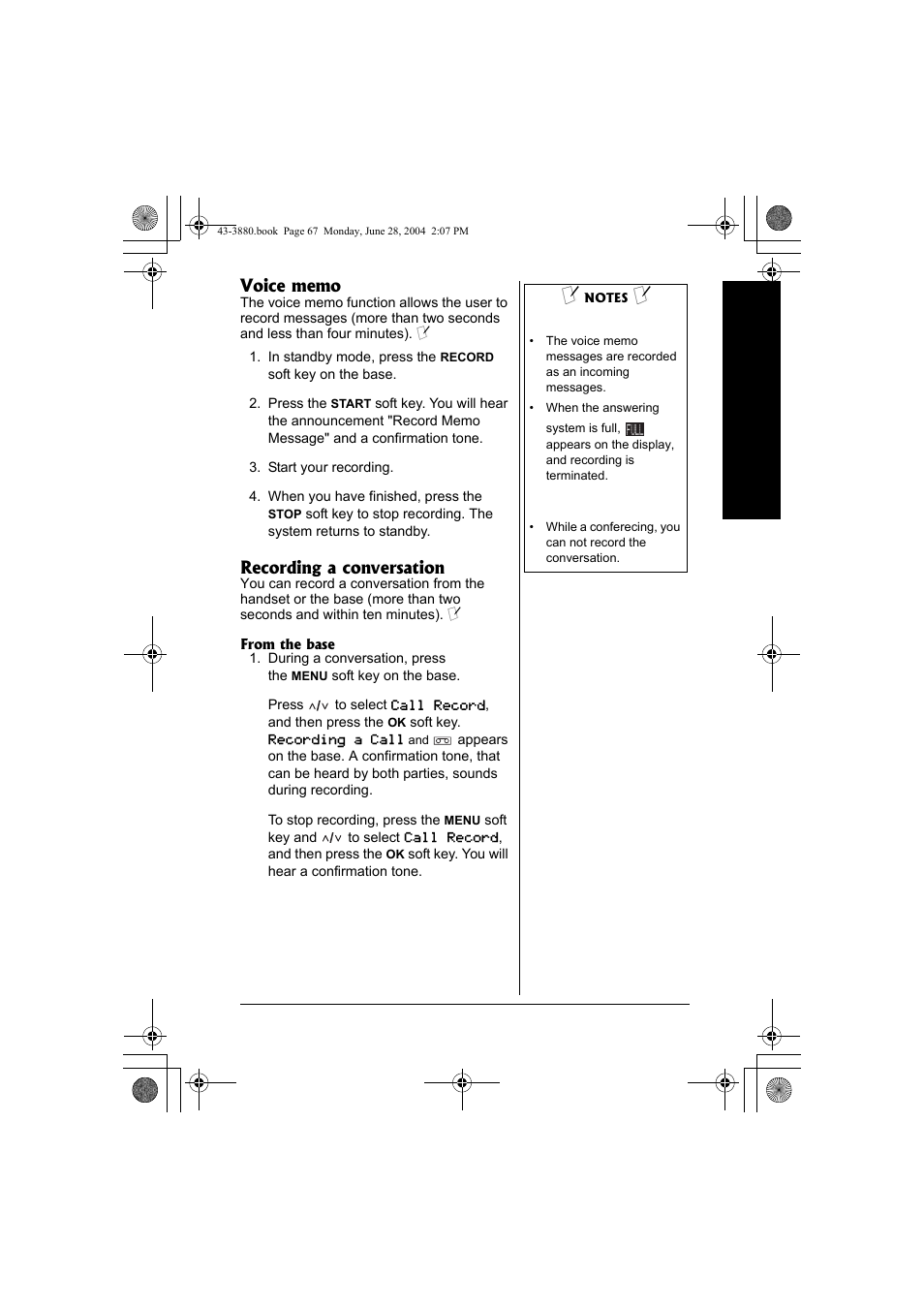 Recording a conversation | Radio Shack 43-3872 User Manual | Page 67 / 76