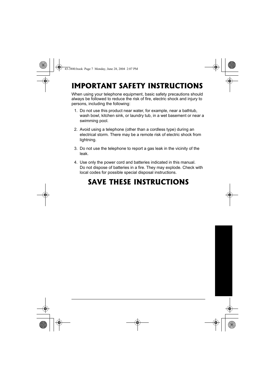 Important safety instructions, Save these instructions | Radio Shack 43-3872 User Manual | Page 7 / 76