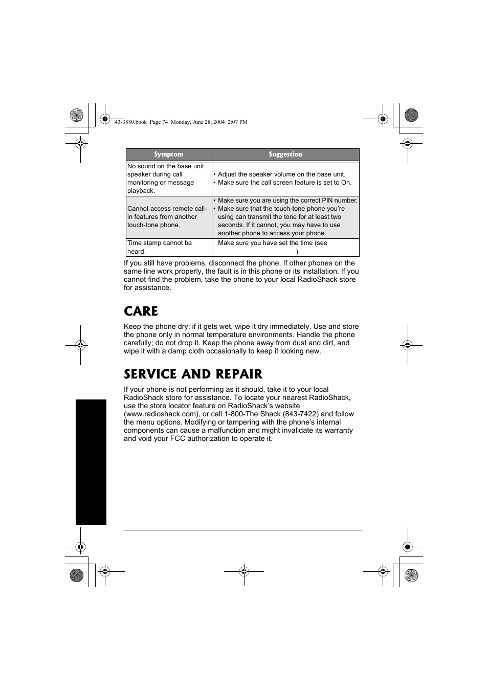Care service and repair, Care, Service and repair | Radio Shack 43-3872 User Manual | Page 74 / 76