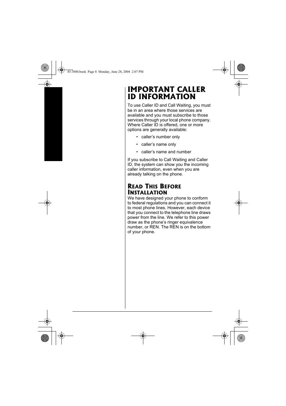 Important caller id information, Read this before installation | Radio Shack 43-3872 User Manual | Page 8 / 76