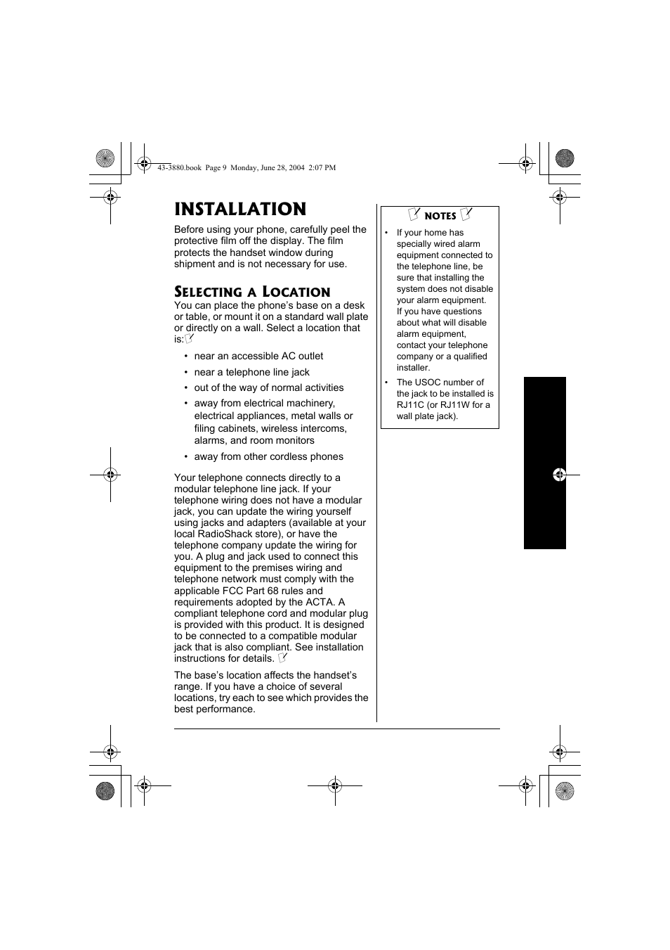 Installation, Selecting a location | Radio Shack 43-3872 User Manual | Page 9 / 76
