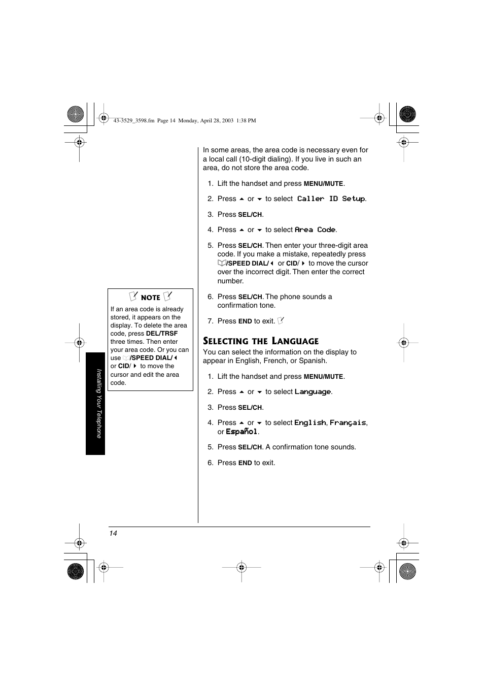 Selecting the language | Radio Shack 43-3598 User Manual | Page 14 / 36