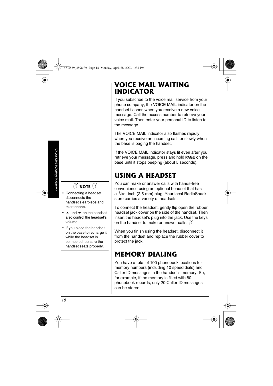 Voice mail waiting indicator, Using a headset | Radio Shack 43-3598 User Manual | Page 18 / 36