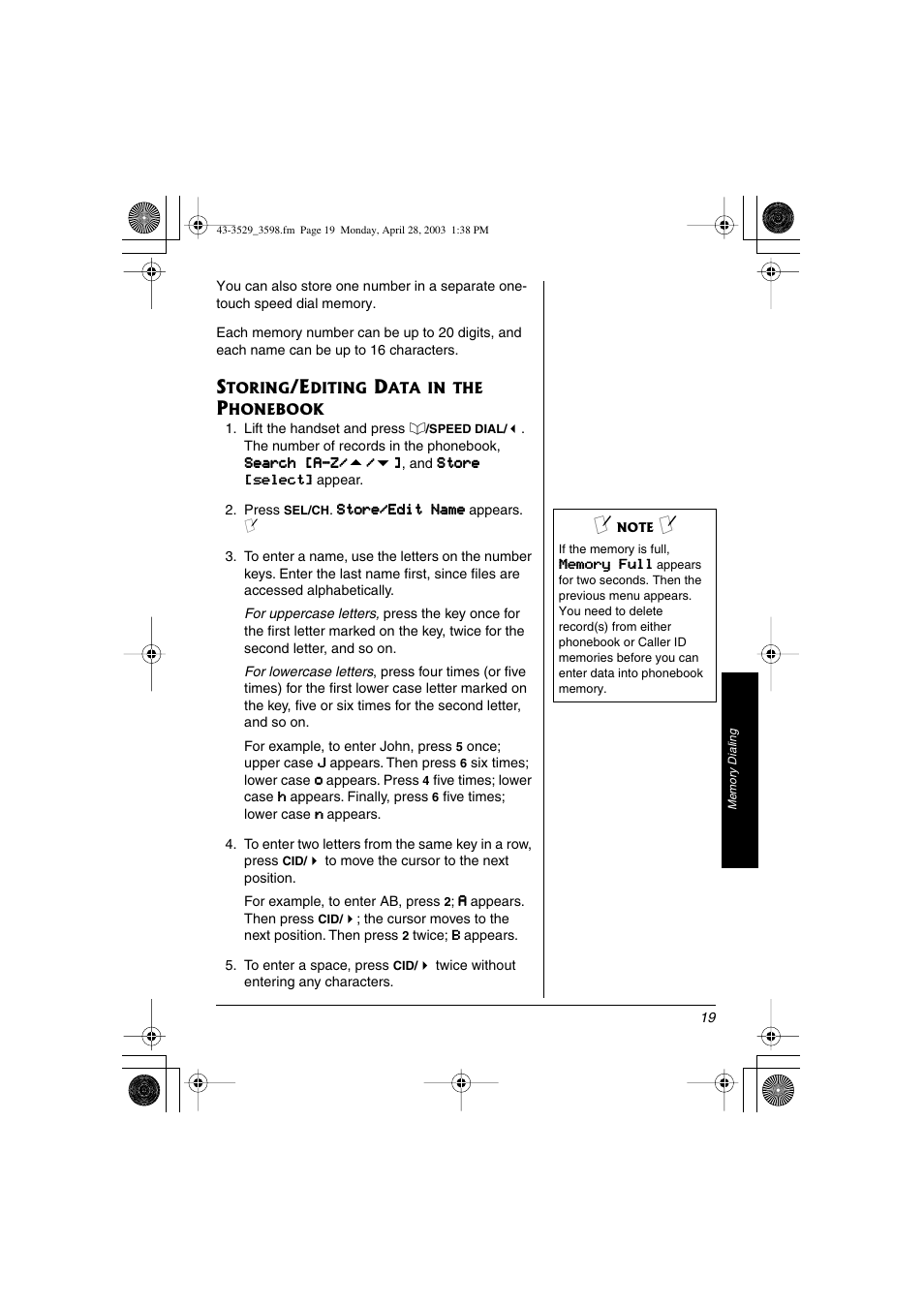 Storing/editing data in the phonebook | Radio Shack 43-3598 User Manual | Page 19 / 36