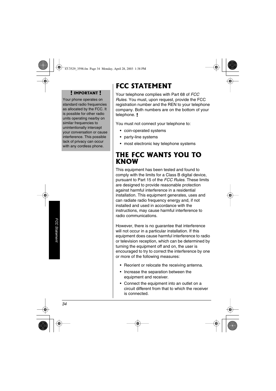 Fcc statement the fcc wants you to know, Fcc statement, The fcc wants you to know | Radio Shack 43-3598 User Manual | Page 34 / 36