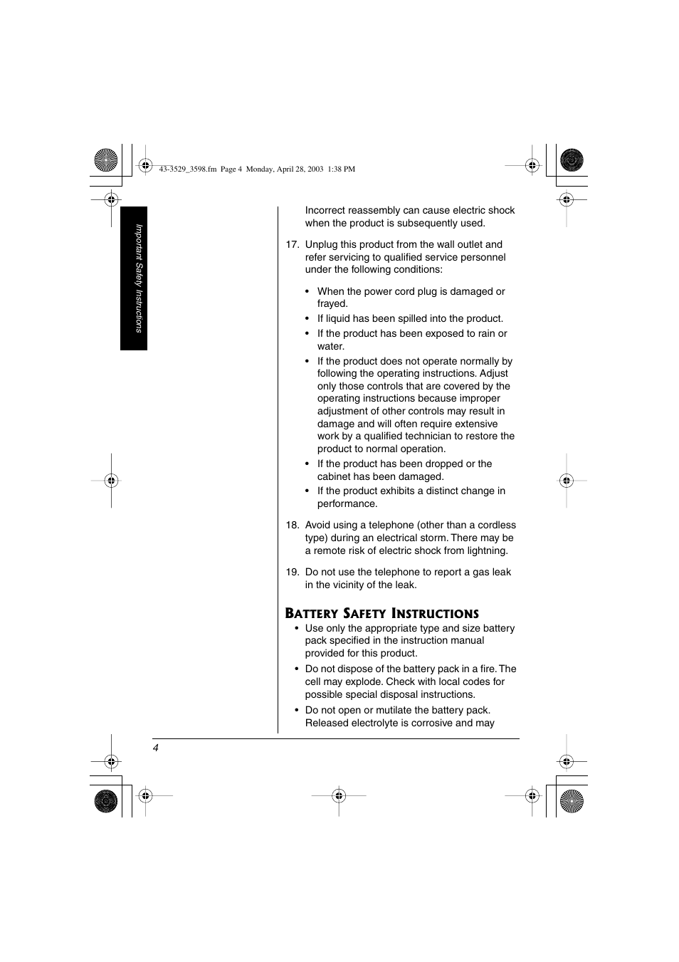 Battery safety instructions 4 | Radio Shack 43-3598 User Manual | Page 4 / 36