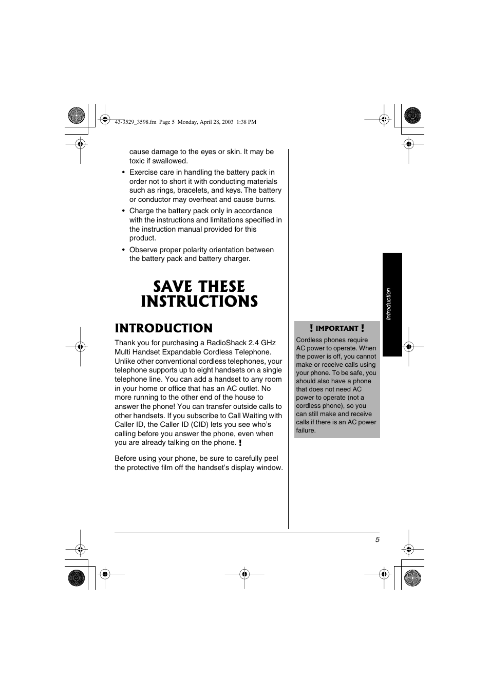 Introduction, Save these instructions | Radio Shack 43-3598 User Manual | Page 5 / 36