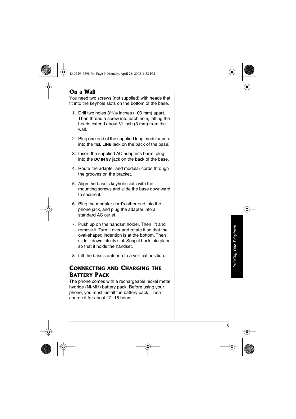 On a wall, Connecting and charging the battery pack | Radio Shack 43-3598 User Manual | Page 9 / 36