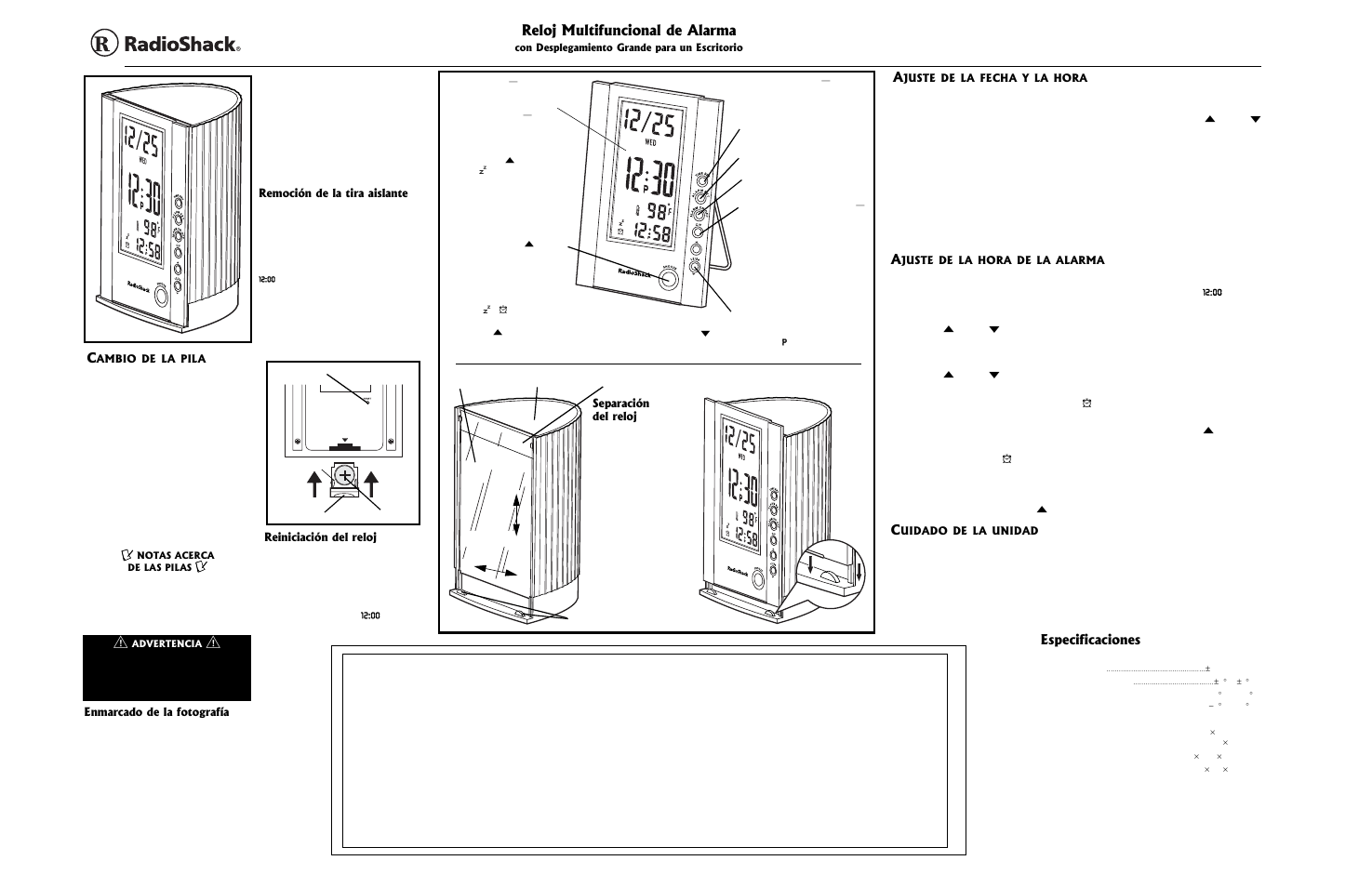 Reloj multifuncional de alarma, Especificaciones, Separación del reloj | Enmarcado de la fotografía, Remoción de la tira aislante, Reiniciación del reloj | Radio Shack 63-1413 User Manual | Page 2 / 2