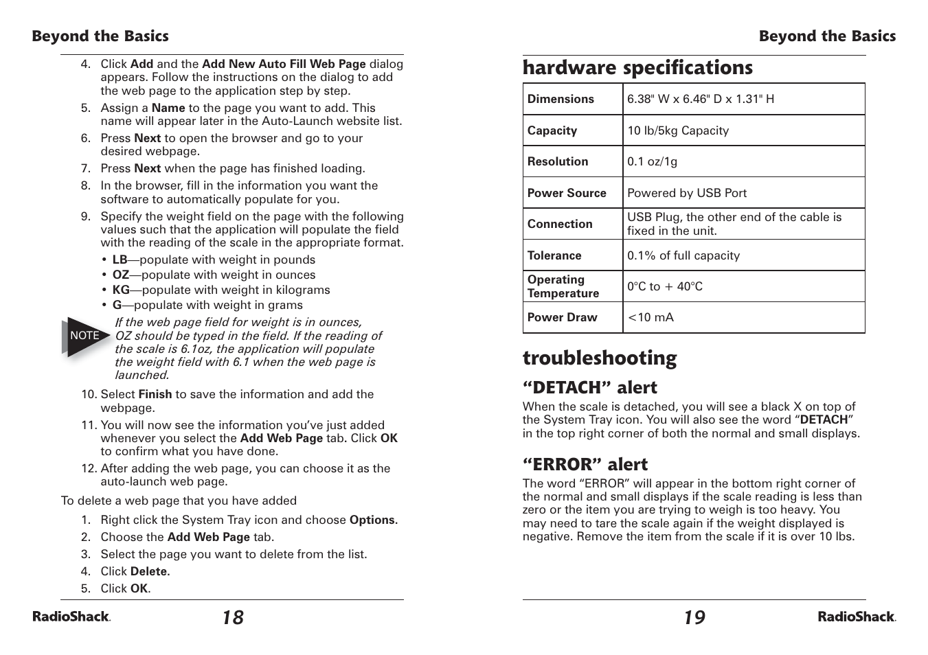 Hardware speciﬁ cations, Troubleshooting, Detach” alert | Error” alert | Radio Shack USB Electronic Scale User Manual | Page 10 / 11
