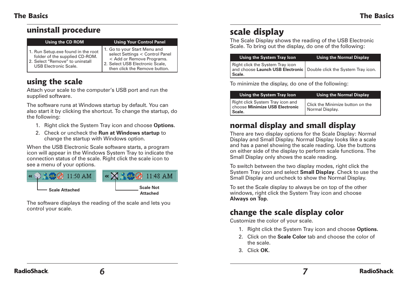 Scale display, Uninstall procedure, Using the scale | Normal display and small display, Change the scale display color | Radio Shack USB Electronic Scale User Manual | Page 4 / 11