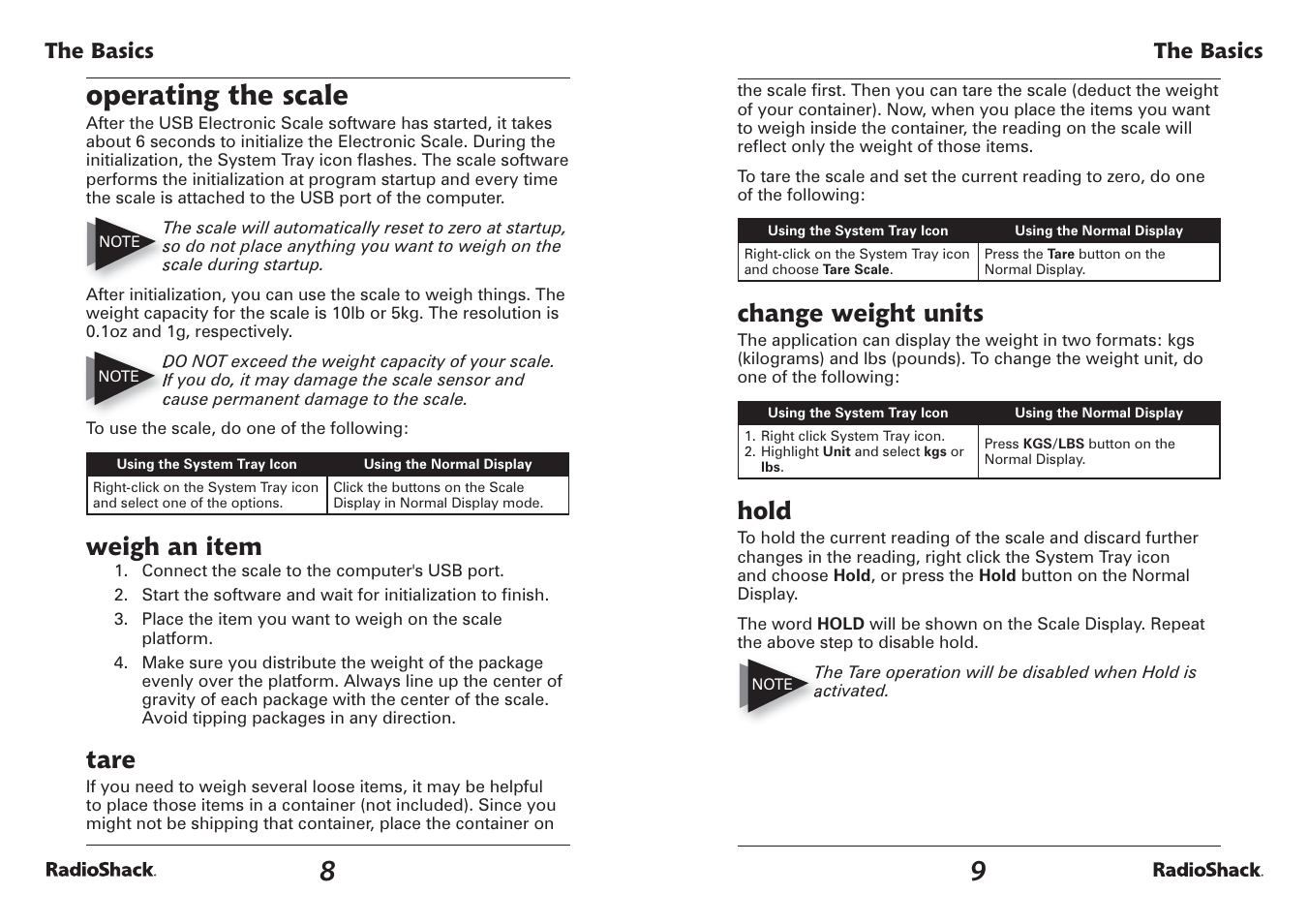 Operating the scale, Weigh an item, Tare | Change weight units, Hold | Radio Shack USB Electronic Scale User Manual | Page 5 / 11