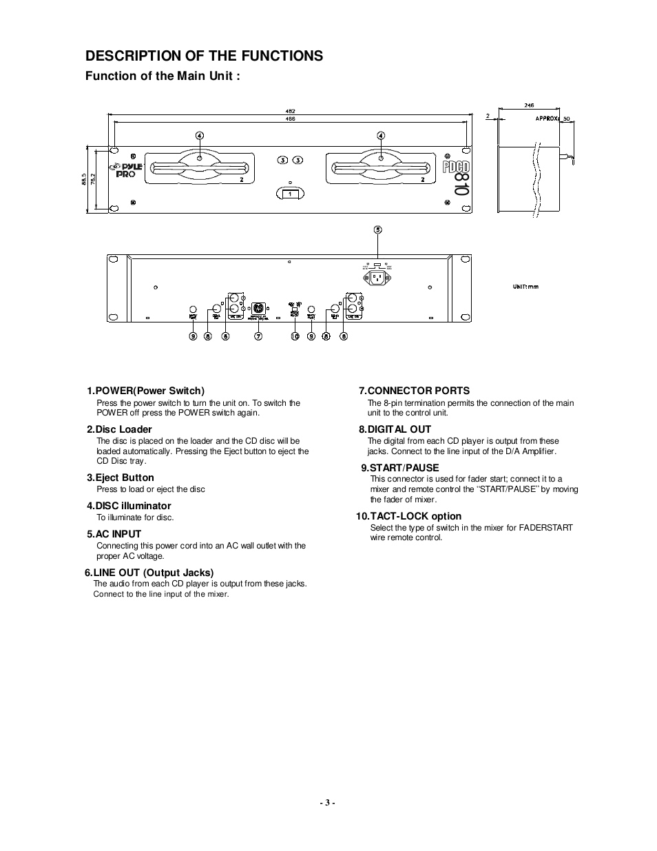 Description of the functions, Function of the main unit | Radio Shack PDCD810 User Manual | Page 4 / 11