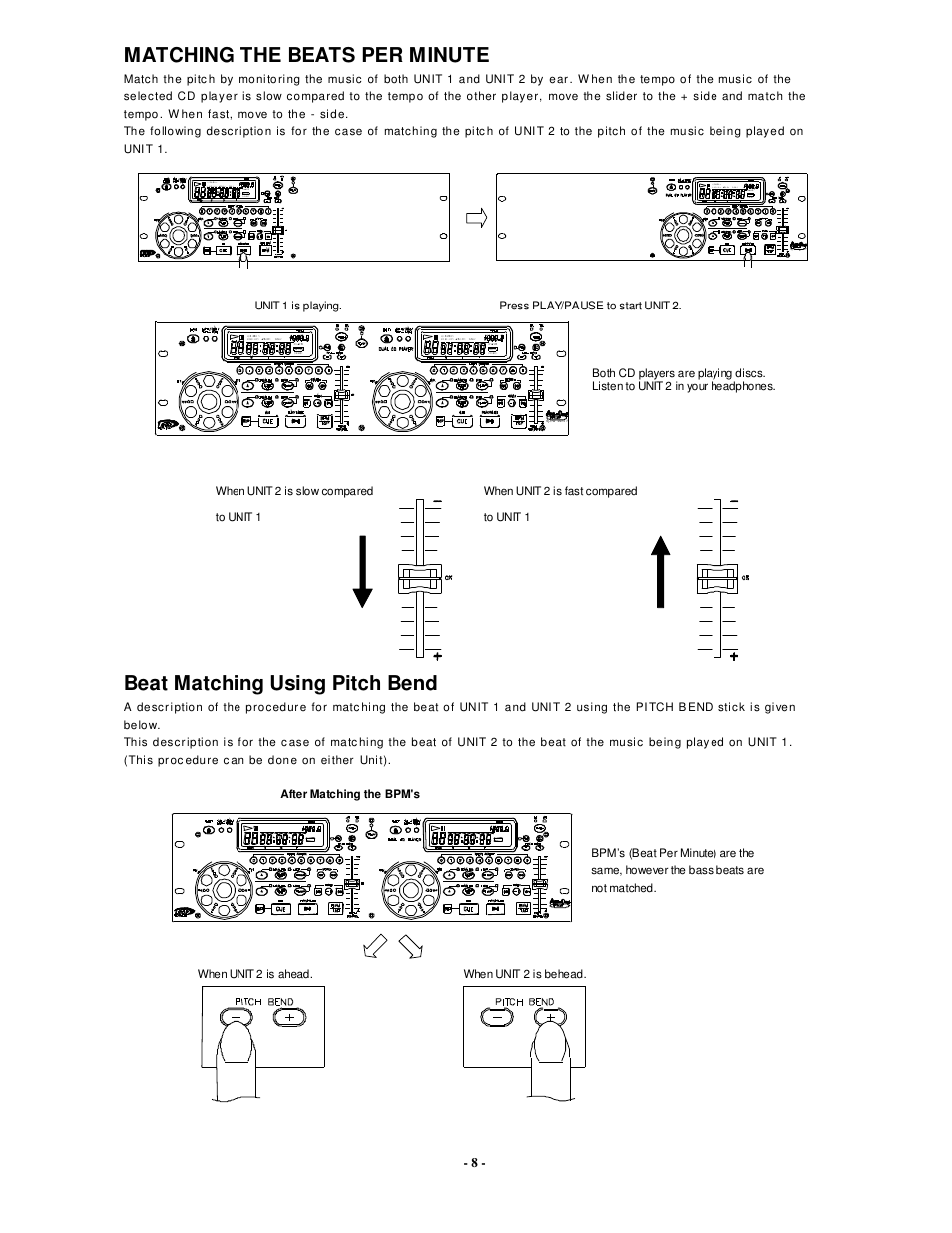 Matching the beats per minute, Beat matching using pitch bend | Radio Shack PDCD810 User Manual | Page 9 / 11