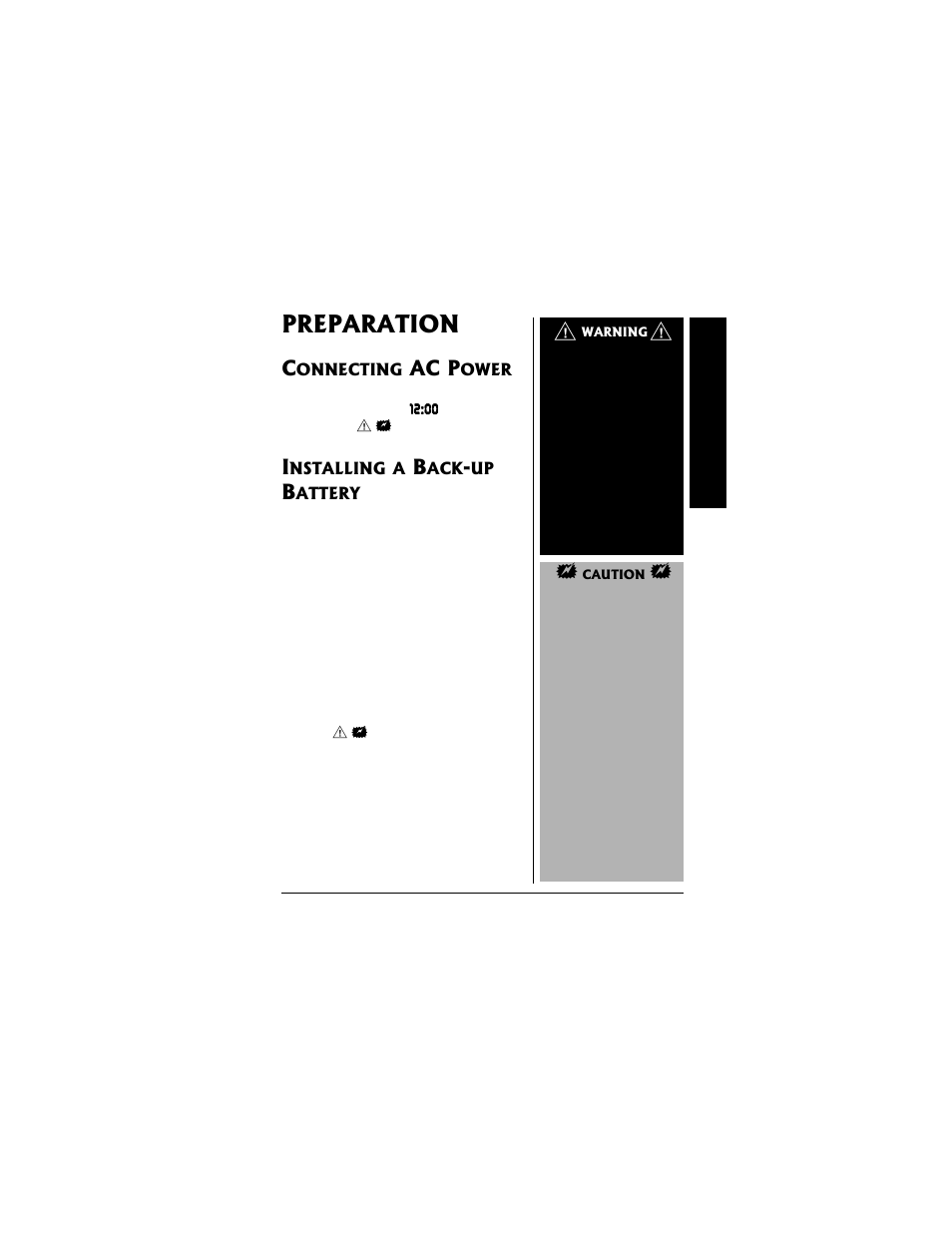 Preparation, Connecting ac power installing a back-up battery | Radio Shack 12-1636 User Manual | Page 3 / 16