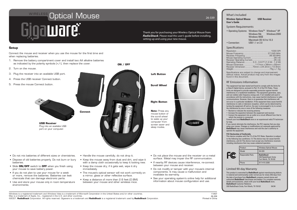Radio Shack GIGAWARE 26-339 User Manual | 1 page