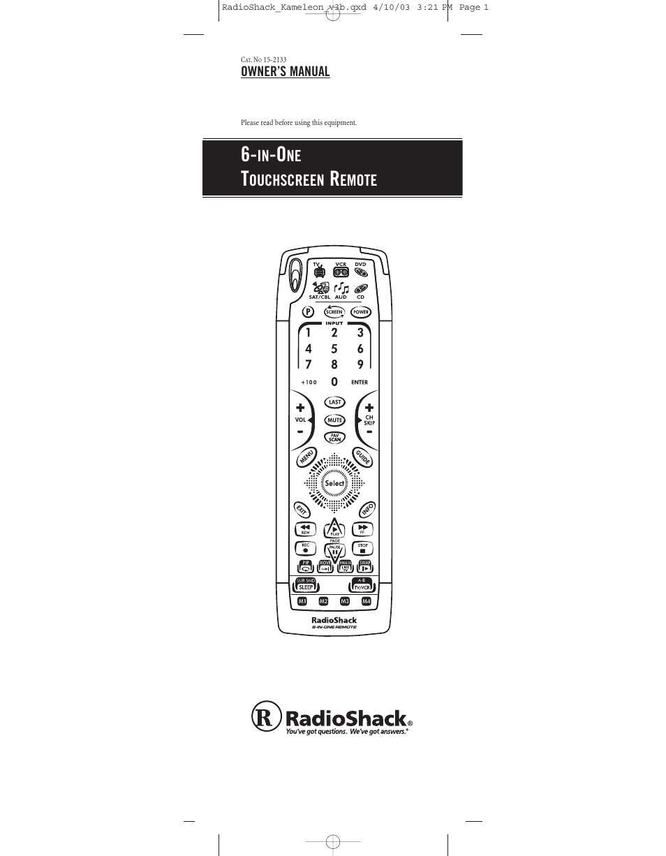 Radio Shack TOUCHSCREEN REMOTE User Manual | 62 pages