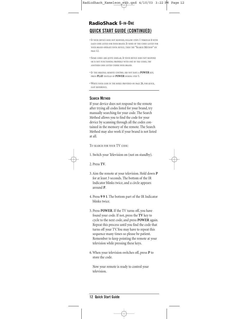 Quick start guide (continued) | Radio Shack TOUCHSCREEN REMOTE User Manual | Page 12 / 62