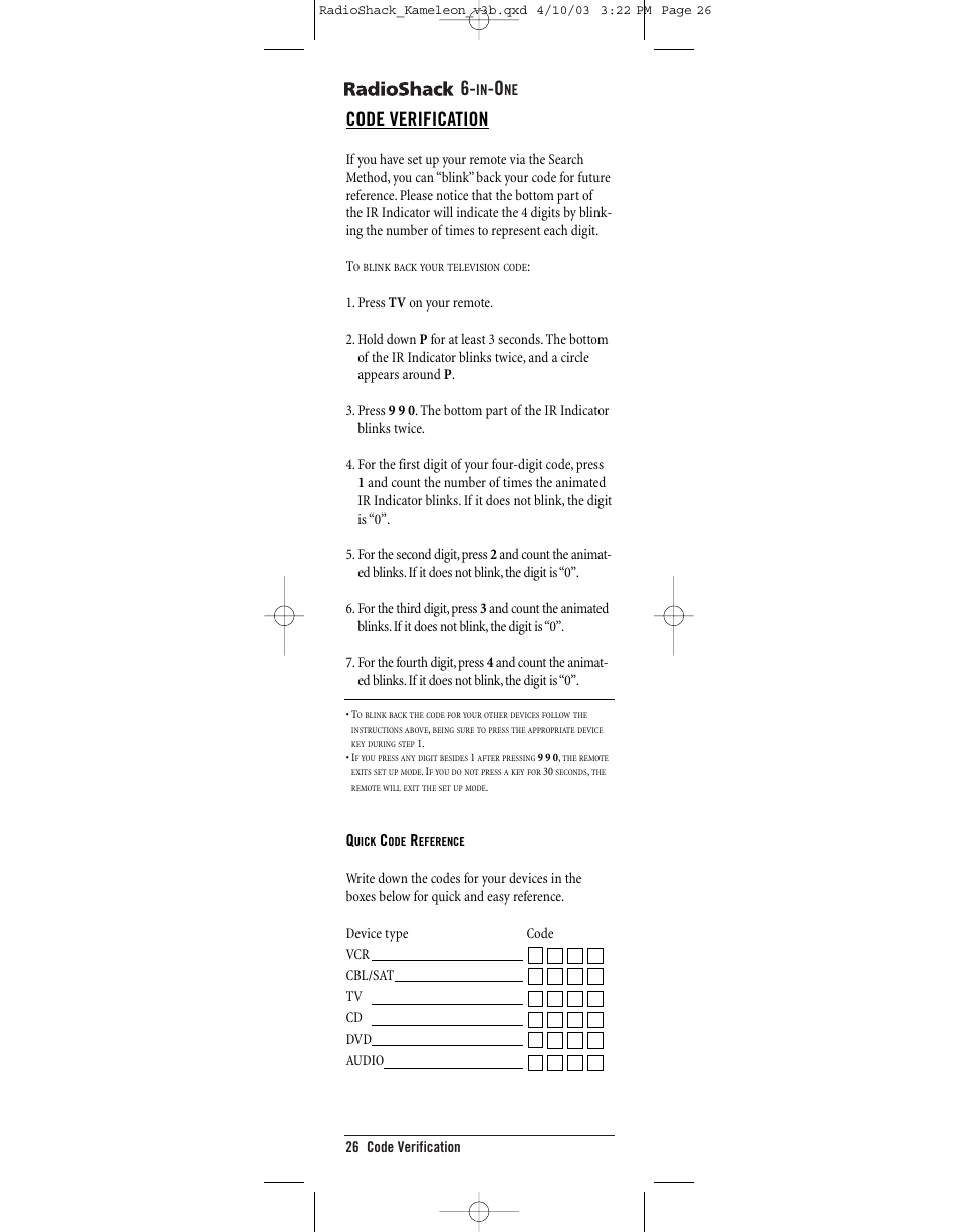 Code verification | Radio Shack TOUCHSCREEN REMOTE User Manual | Page 26 / 62