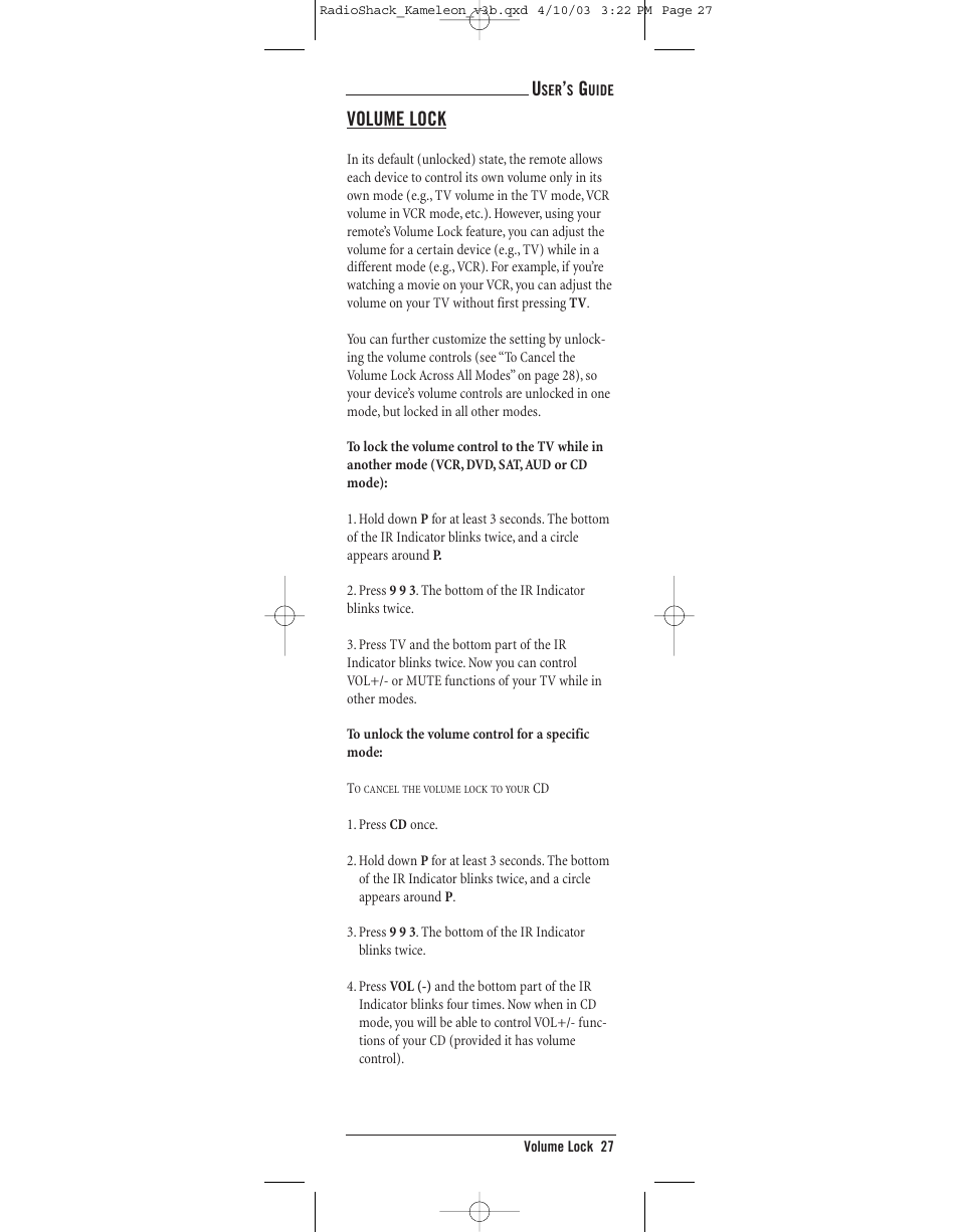 Volume lock | Radio Shack TOUCHSCREEN REMOTE User Manual | Page 27 / 62
