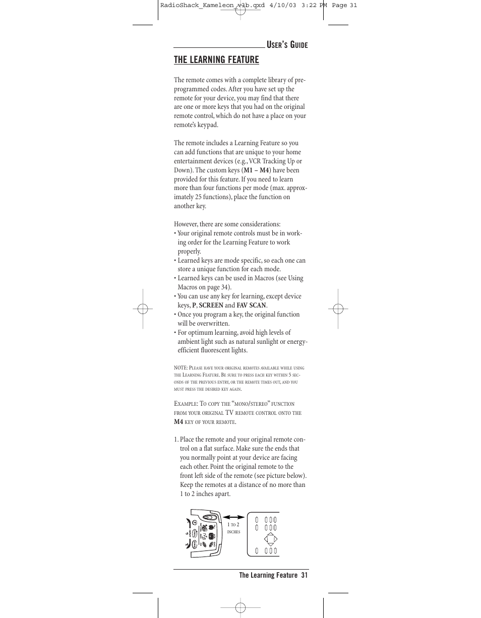 The learning feature | Radio Shack TOUCHSCREEN REMOTE User Manual | Page 31 / 62