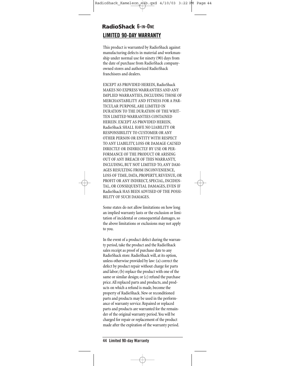 Limited 90-day warranty | Radio Shack TOUCHSCREEN REMOTE User Manual | Page 44 / 62