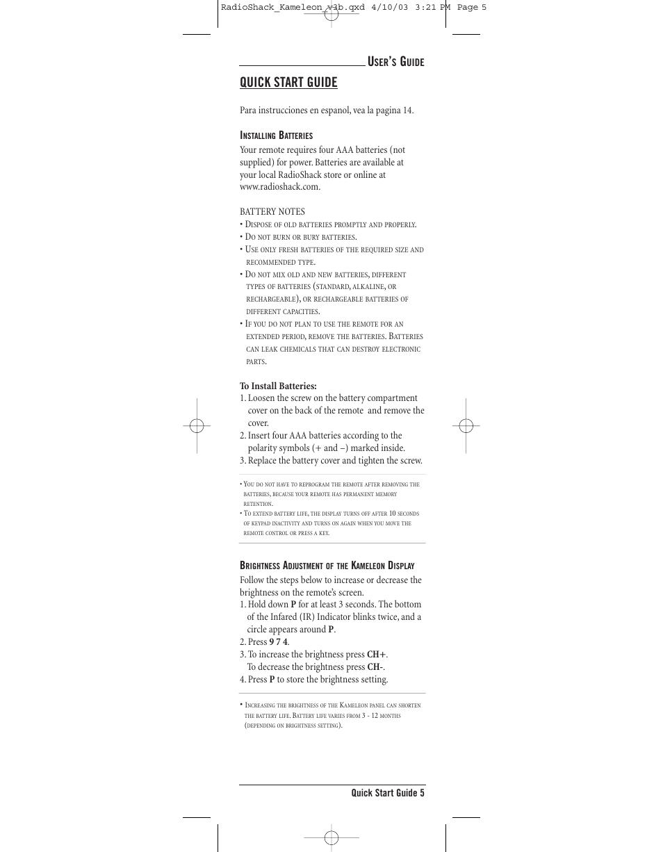 Quick start guide | Radio Shack TOUCHSCREEN REMOTE User Manual | Page 5 / 62