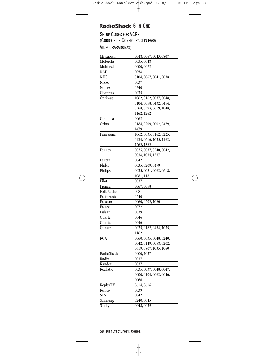Radio Shack TOUCHSCREEN REMOTE User Manual | Page 58 / 62