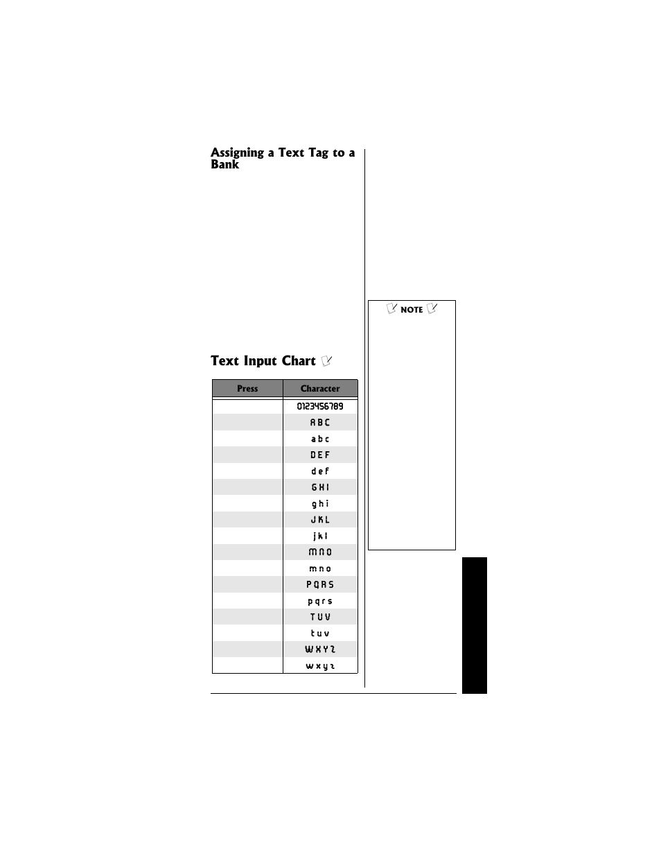 Text input chart, Assigning a text tag to a bank | Radio Shack PRO-95 User Manual | Page 31 / 92