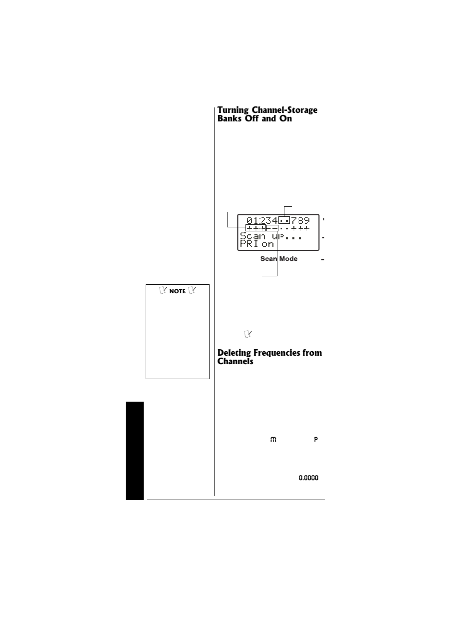 Turning channel-storage banks off and on, Deleting frequencies from channels | Radio Shack PRO-95 User Manual | Page 44 / 92