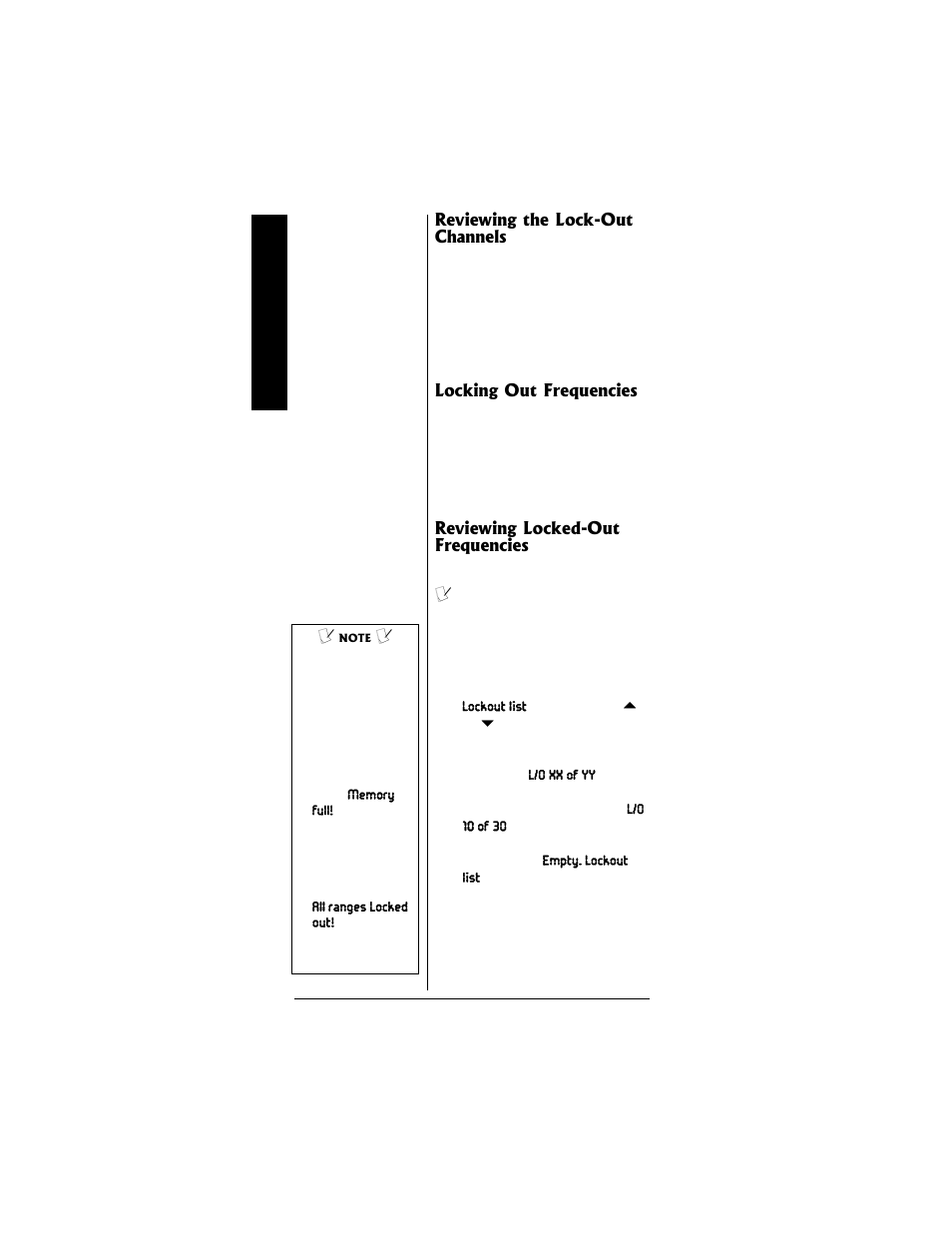 Reviewing the lock-out channels, Locking out frequencies, Reviewing locked-out frequencies | Radio Shack PRO-95 User Manual | Page 46 / 92