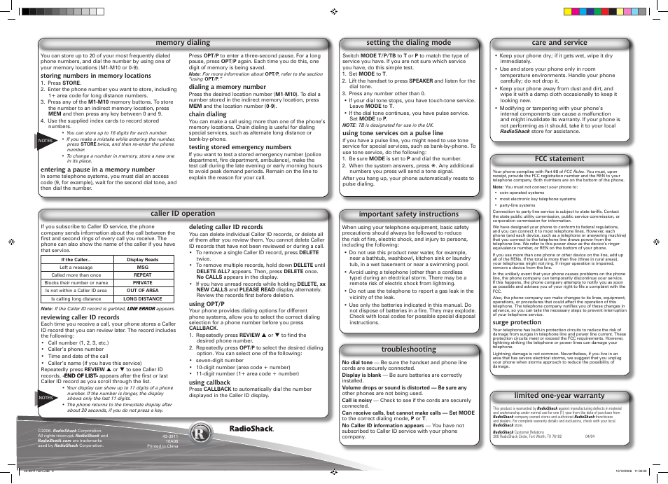 Radio Shack 43-3911 User Manual | Page 2 / 2