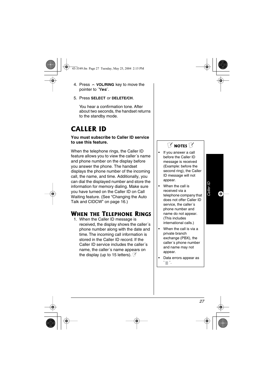 Caller id | Radio Shack 43-3549 User Manual | Page 27 / 36