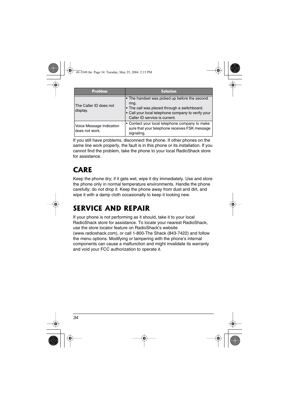 Care, Service and repair | Radio Shack 43-3549 User Manual | Page 34 / 36