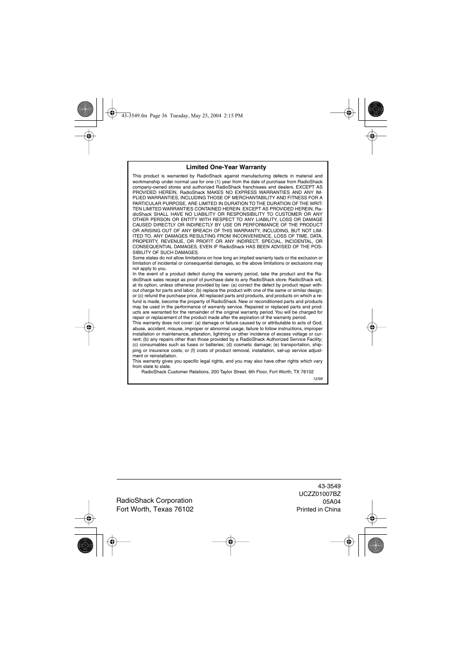 Radio Shack 43-3549 User Manual | Page 36 / 36