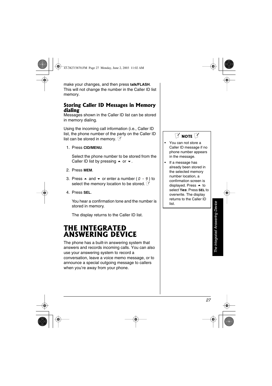 The integrated answering device | Radio Shack 43-3827 User Manual | Page 27 / 48