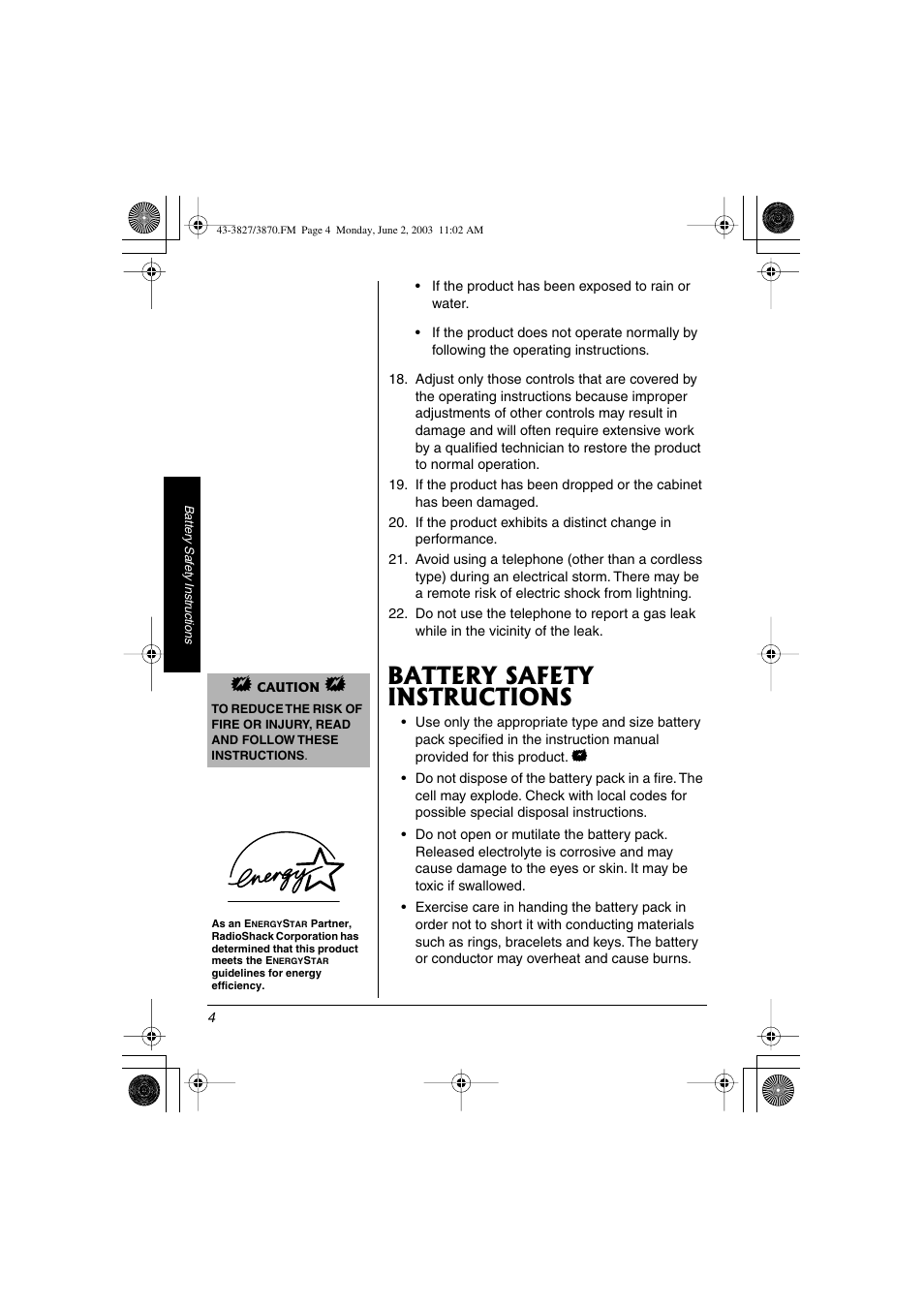 Battery safety instructions | Radio Shack 43-3827 User Manual | Page 4 / 48