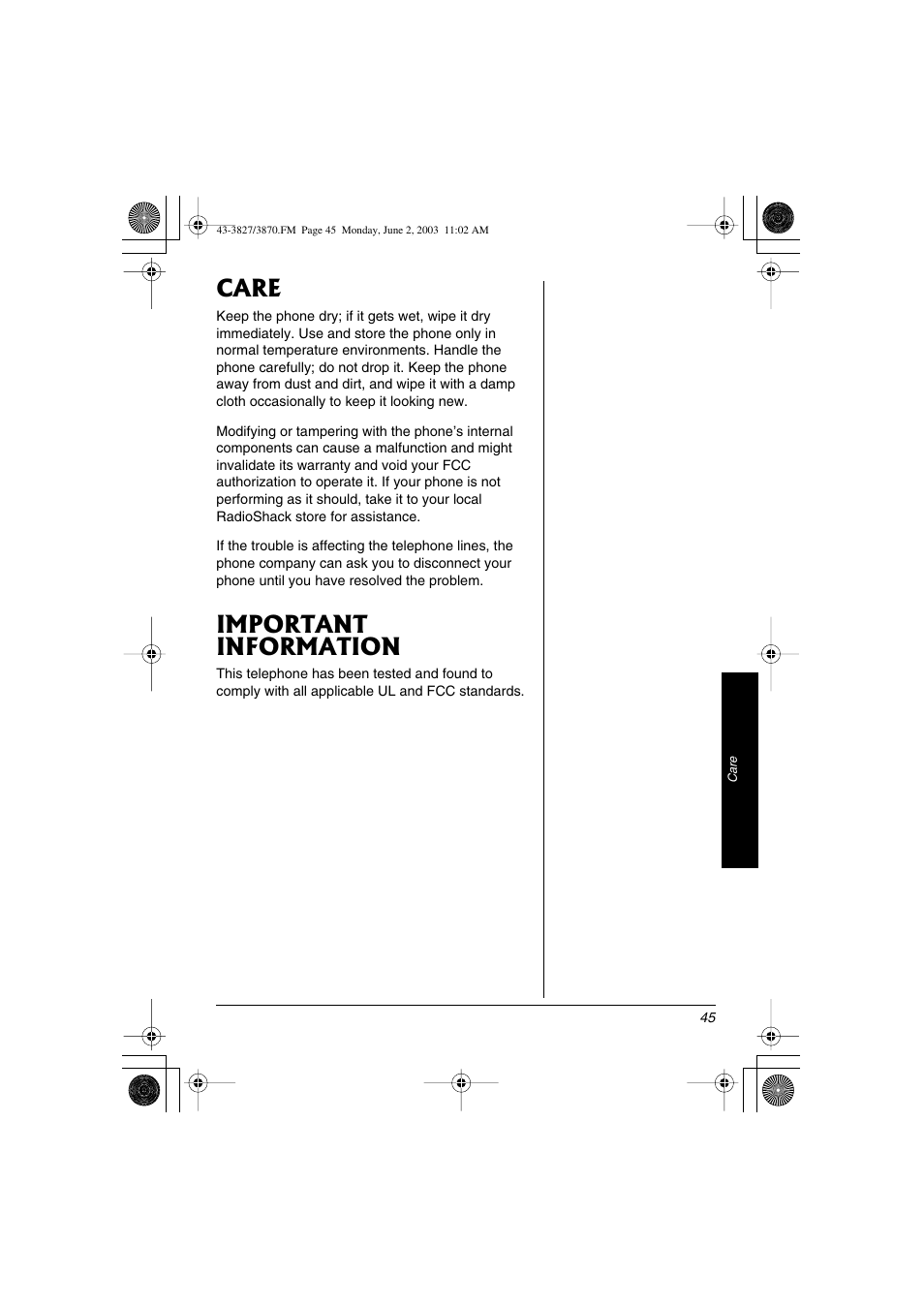 Care, Important information | Radio Shack 43-3827 User Manual | Page 45 / 48