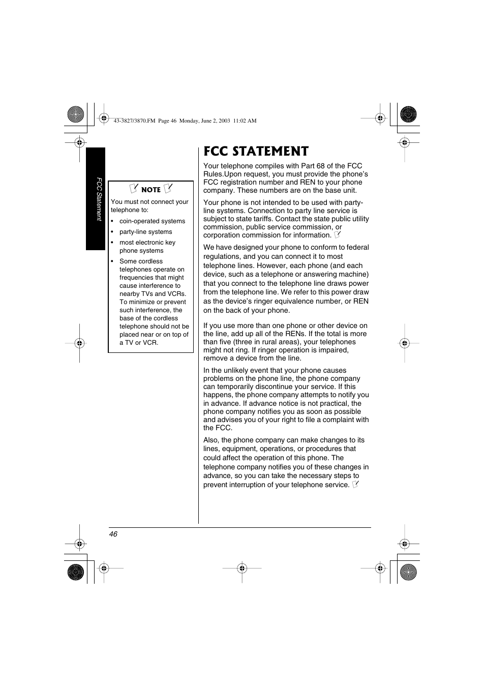 Fcc statement | Radio Shack 43-3827 User Manual | Page 46 / 48