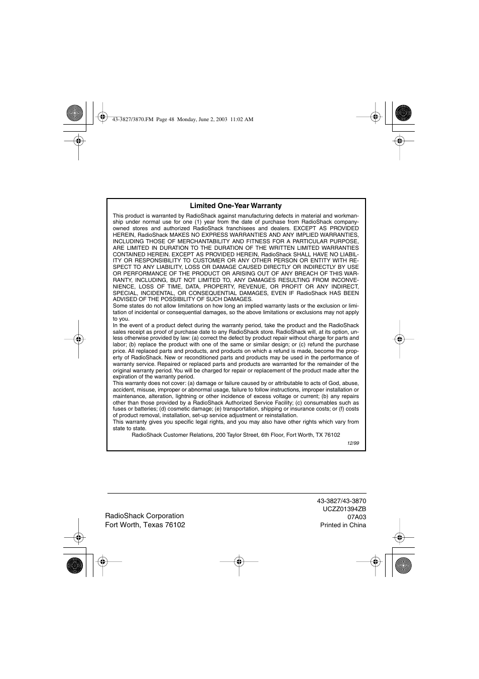 Radio Shack 43-3827 User Manual | Page 48 / 48