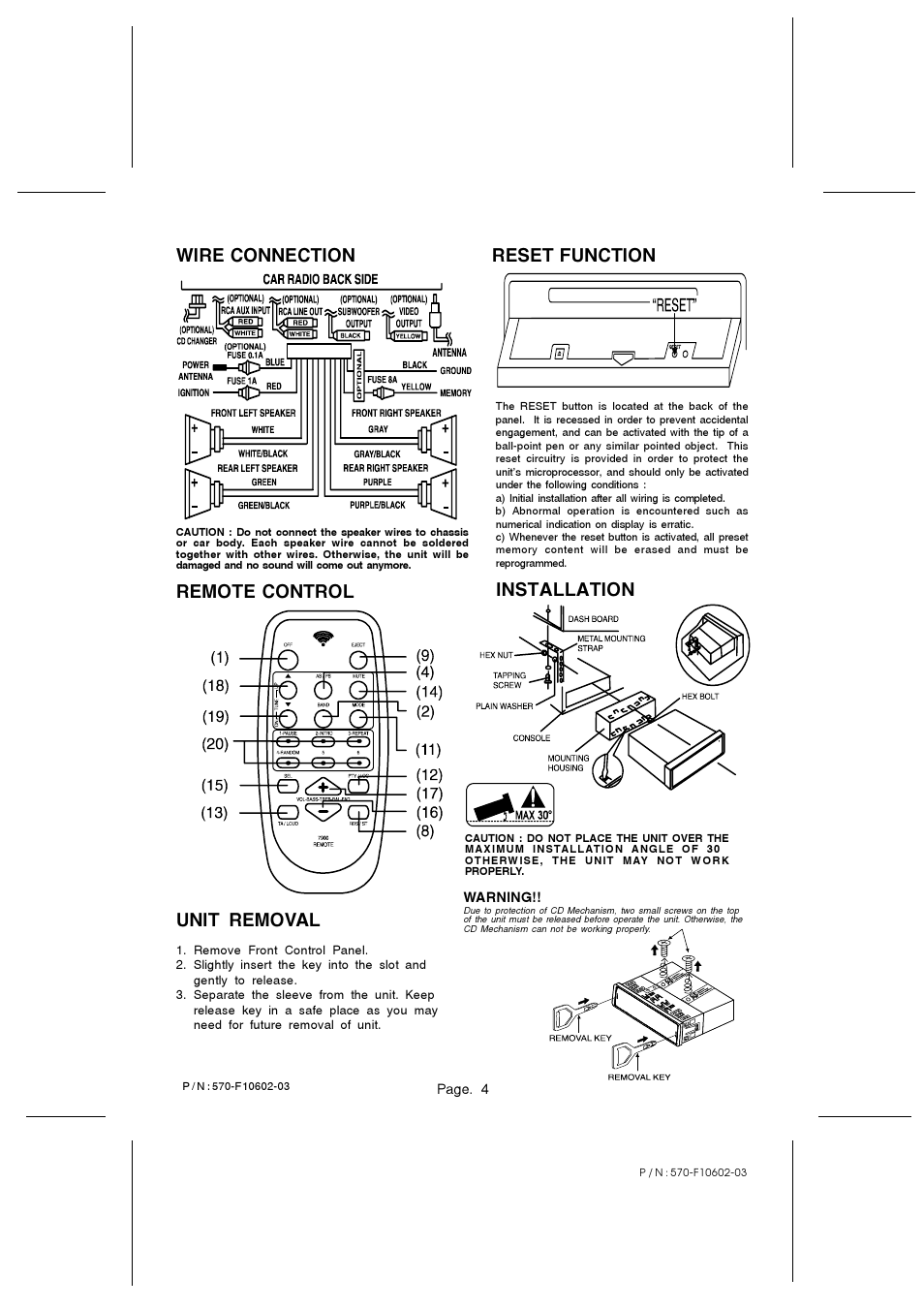 Wire connection, Reset function, Unit removal | Installation remote control | Radio Shack PLCD39 User Manual | Page 4 / 4