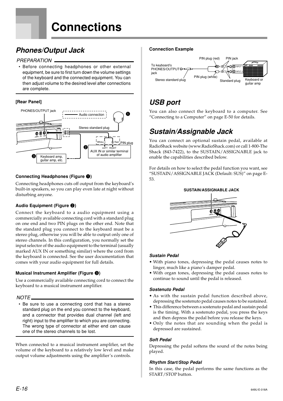 Connections, Phones/output jack, Usb port | Sustain/assignable jack, E-16 | Radio Shack LK-1500 User Manual | Page 18 / 80