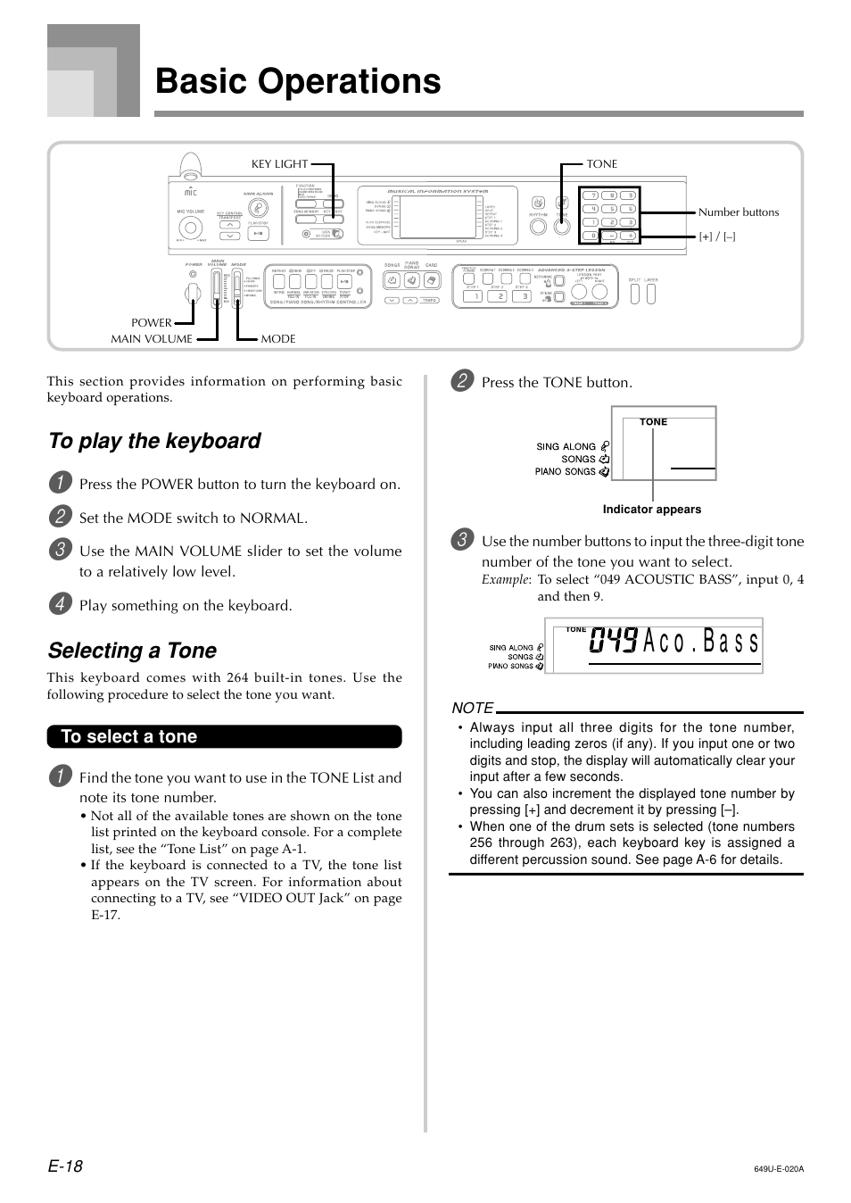 Basic operations, A c o . b s a s, Selecting a tone | Radio Shack LK-1500 User Manual | Page 20 / 80