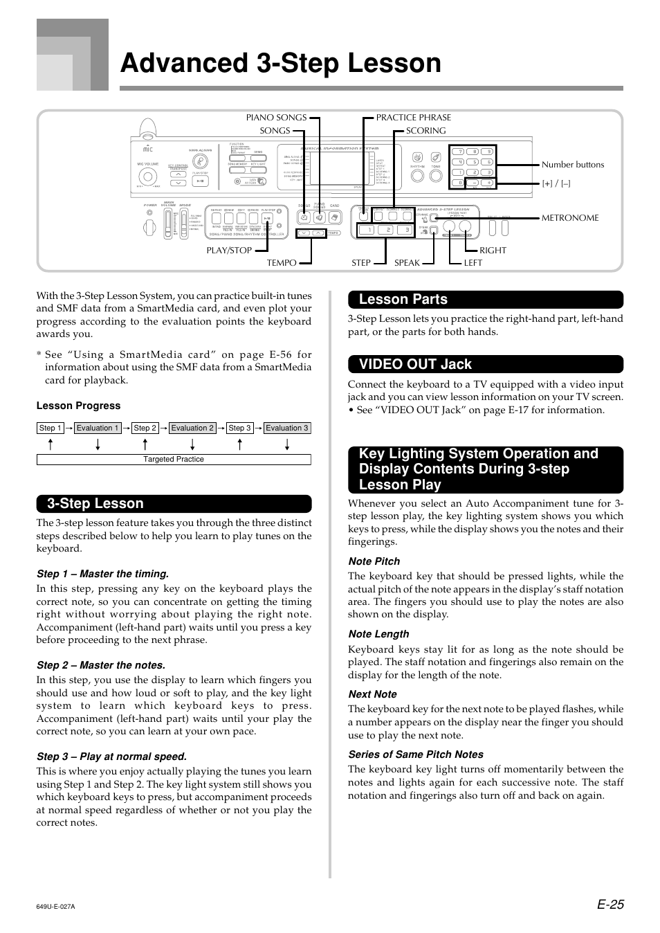 Advanced 3-step lesson, Lesson parts, Video out jack | Step lesson, E-25 | Radio Shack LK-1500 User Manual | Page 27 / 80