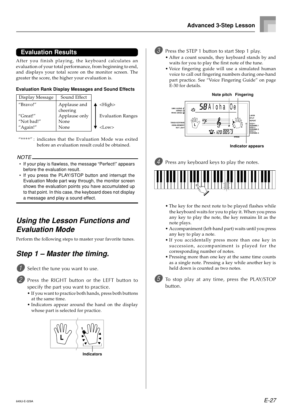 Using the lesson functions and evaluation mode, Step 1 – master the timing, Evaluation results | Radio Shack LK-1500 User Manual | Page 29 / 80