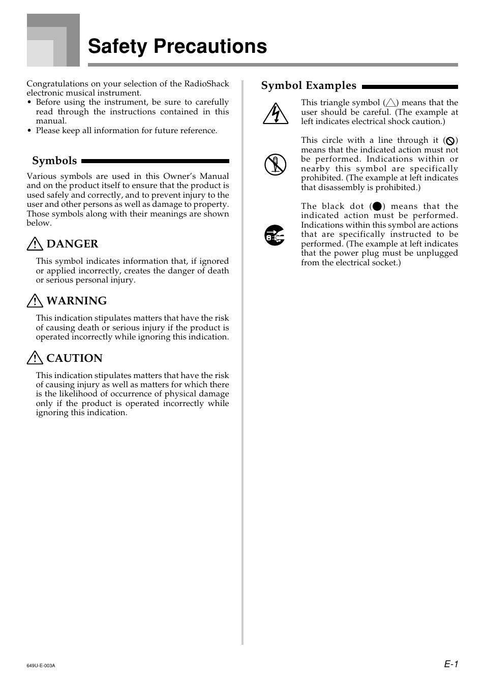 Safety precautions, Symbols, Danger | Warning, Caution, Symbol examples | Radio Shack LK-1500 User Manual | Page 3 / 80