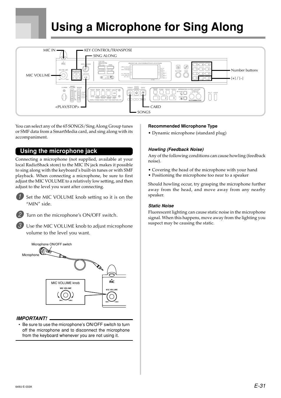 Using a microphone for sing along, Using the microphone jack | Radio Shack LK-1500 User Manual | Page 33 / 80