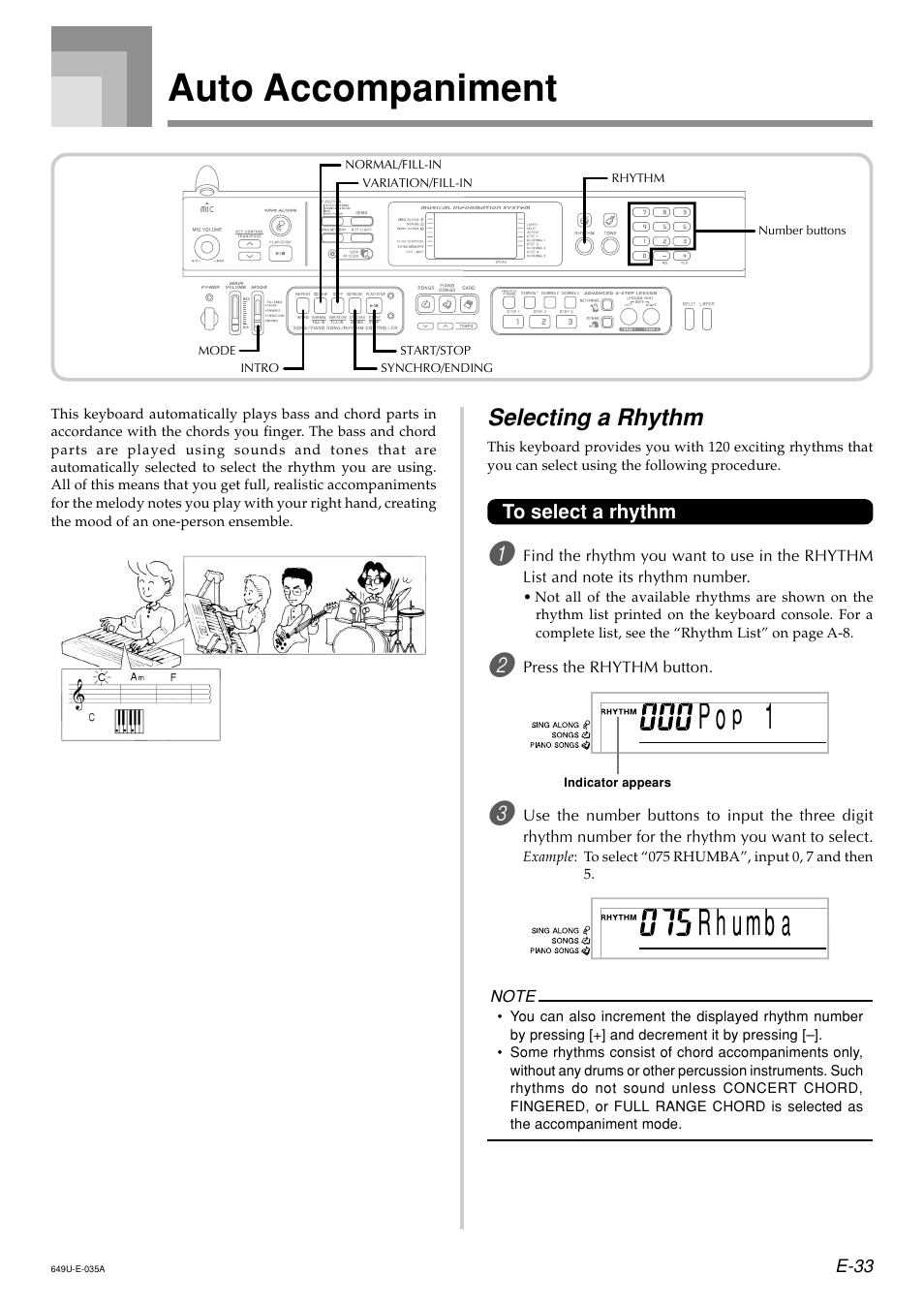 Auto accompaniment, R h u mb a, Selecting a rhythm | Radio Shack LK-1500 User Manual | Page 35 / 80