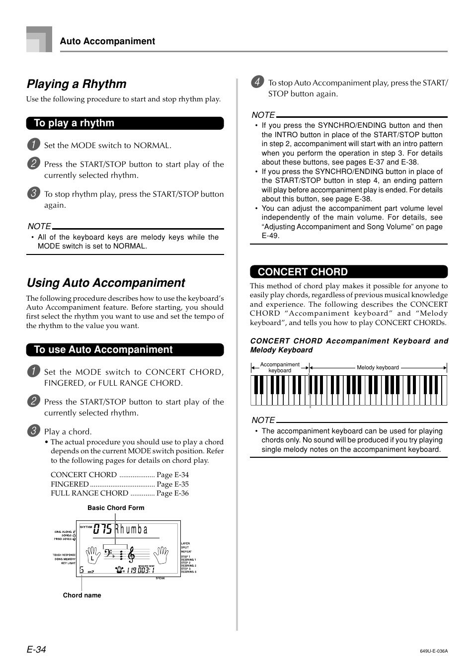 Playing a rhythm, Using auto accompaniment | Radio Shack LK-1500 User Manual | Page 36 / 80