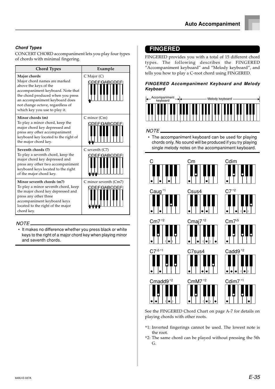 Fingered, E-35, Auto accompaniment | Radio Shack LK-1500 User Manual | Page 37 / 80